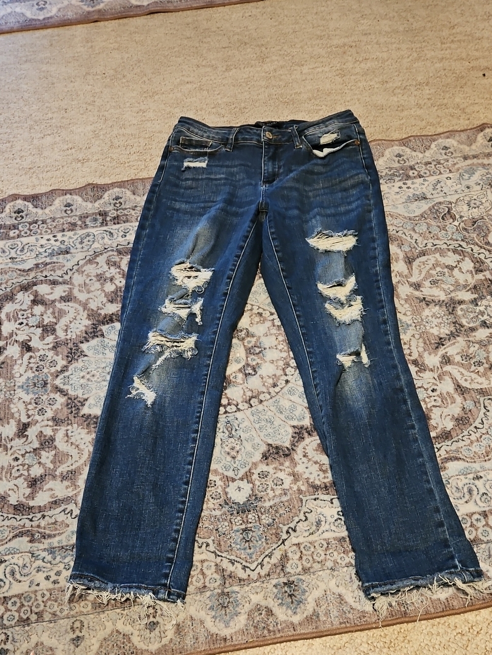 Judy Blue Medium-Dark Blue Ripped Boyfriend Jeans